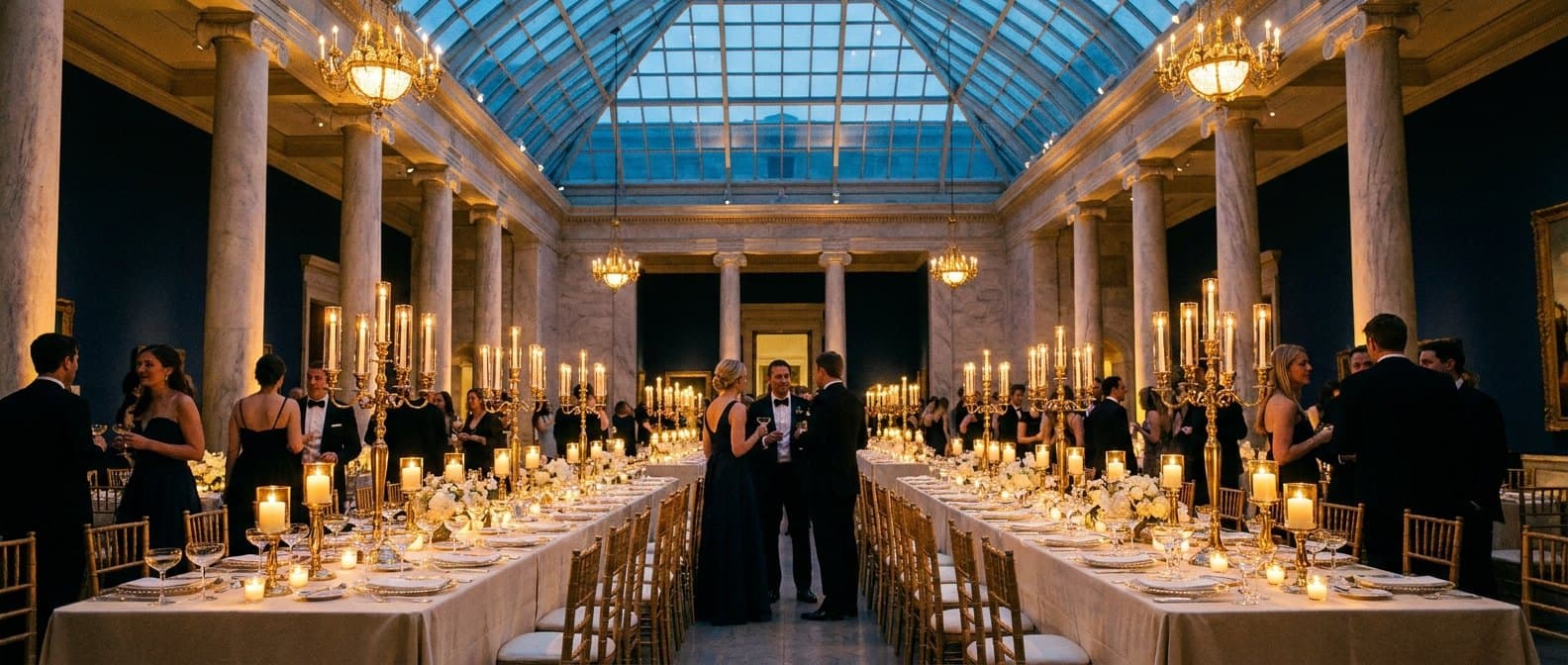 A candlelit gala dinner beneath a glass atrium, long tables set with gold candelabra
